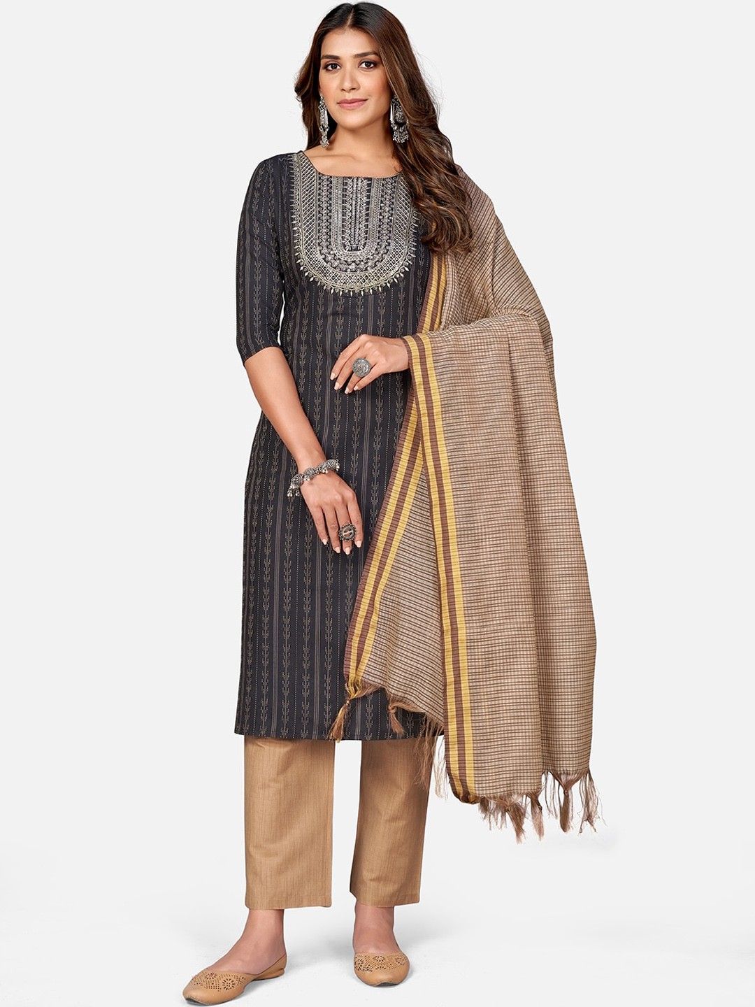 

Vbuyz Women Black Thread Work Pure Cotton Kurta with Trousers & Dupatta