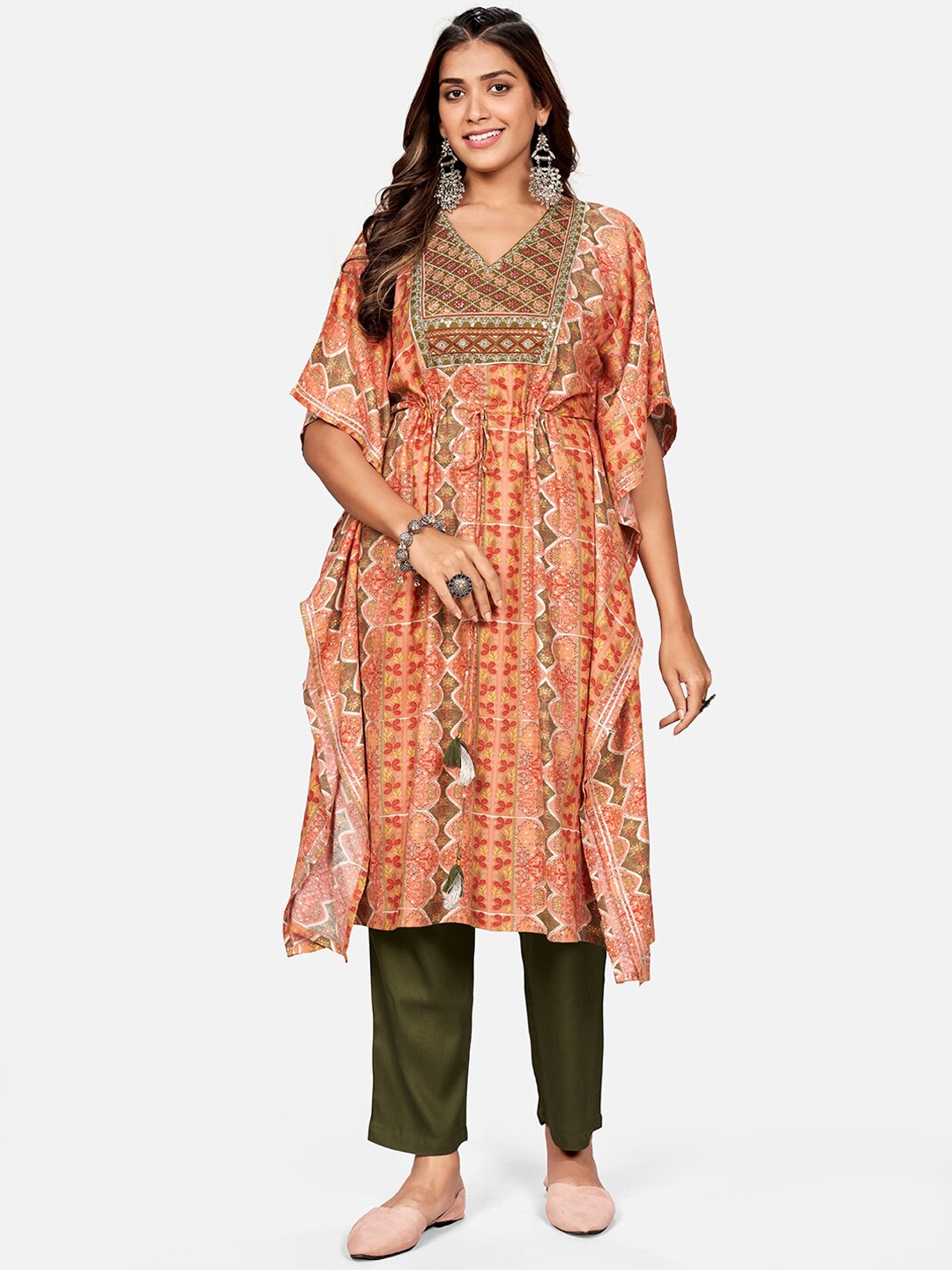 

Vbuyz Women Orange Printed Empire Thread Work Kurta with Trousers & With Dupatta