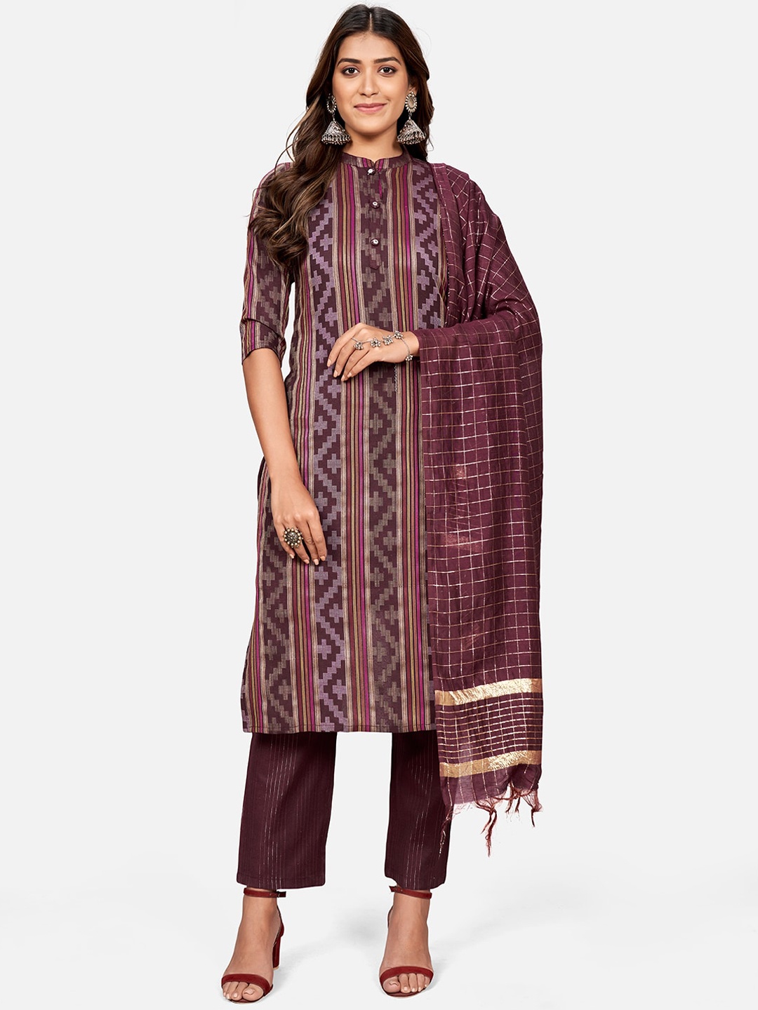 

KALINI Women Maroon Ethnic Motifs Printed Pure Cotton Kurti with Trousers & With Dupatta