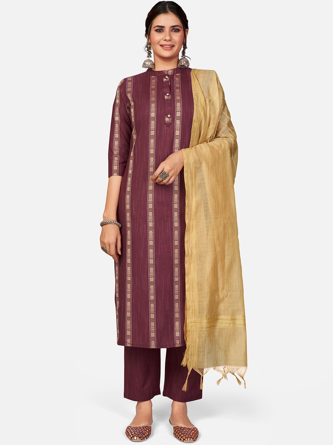 

KALINI Women Purple Striped Pure Cotton Kurta with Palazzos & With Dupatta