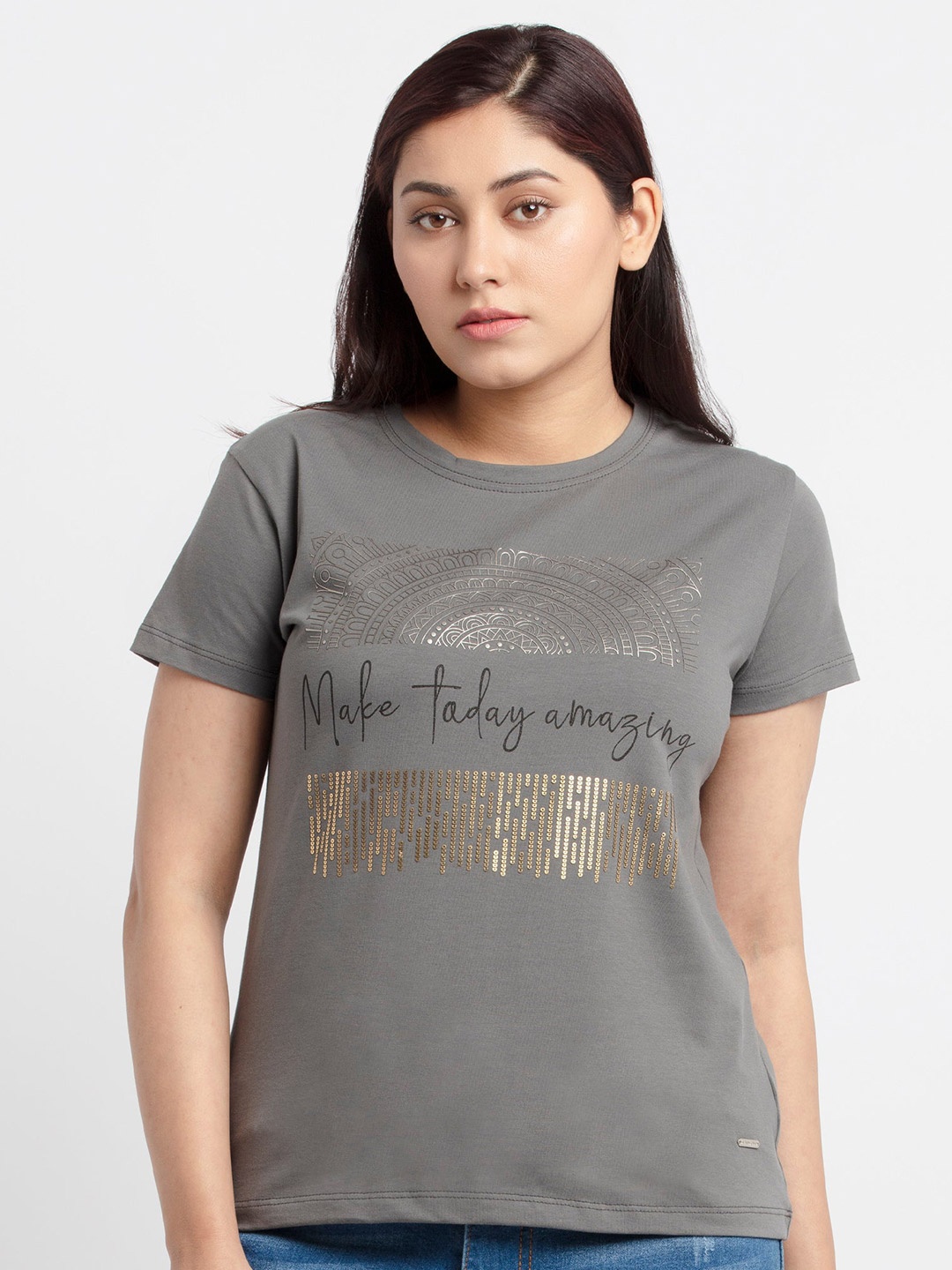 

Status Quo Women Grey & Gold-Toned Typography Printed Cotton T-shirt