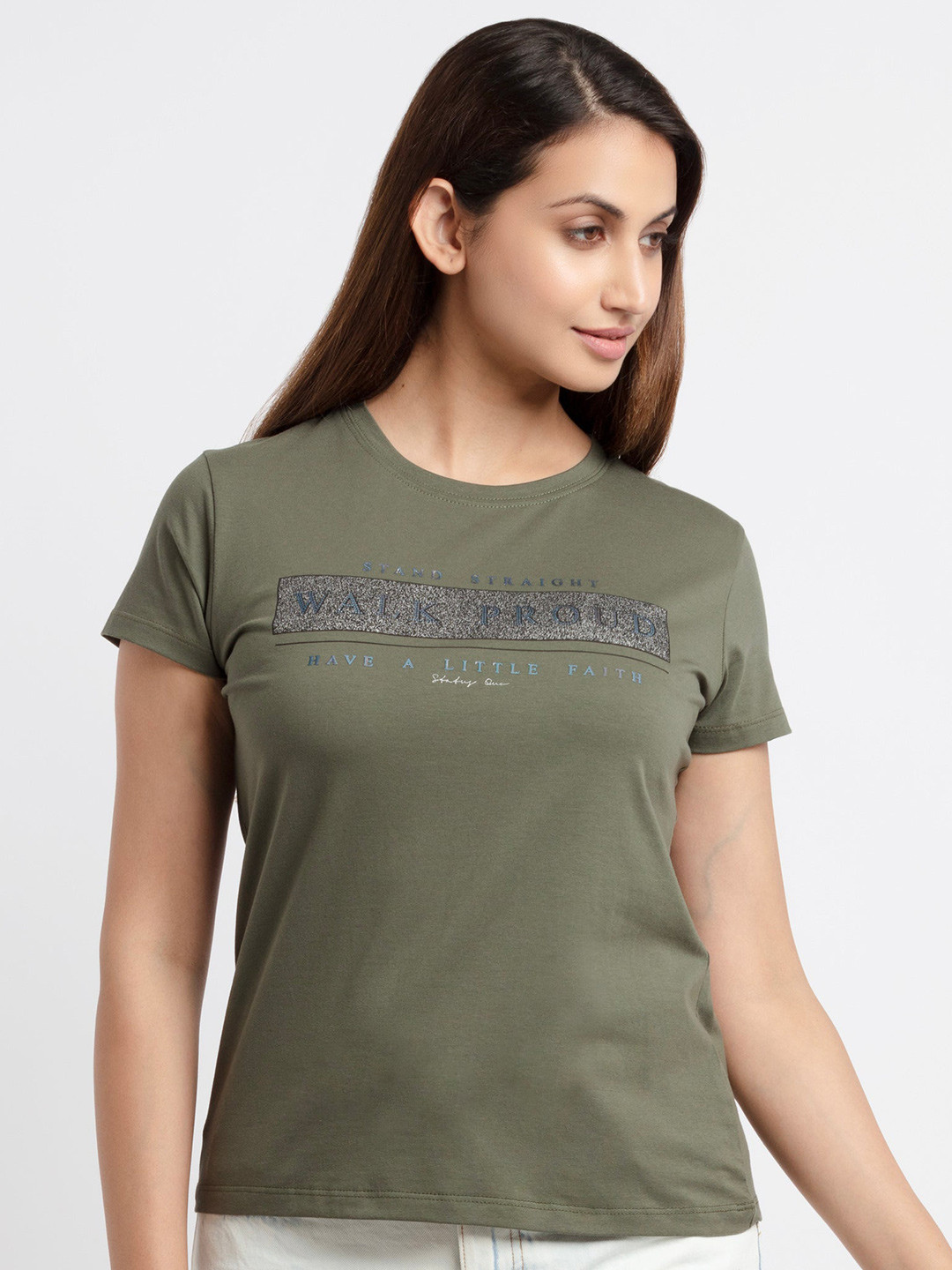 

Status Quo Women Olive Green Typography Printed T-shirt