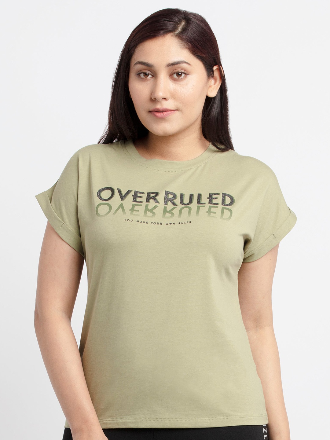 

Status Quo Women Olive Green Typography Printed Extended Sleeves T-shirt