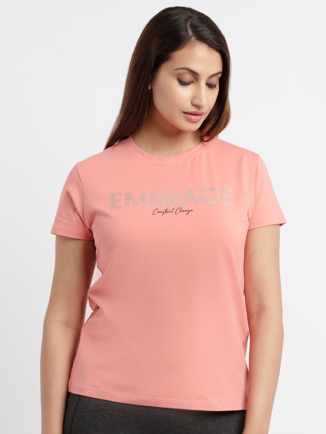 

Status Quo Women Coral Typography Printed Cotton T-shirt