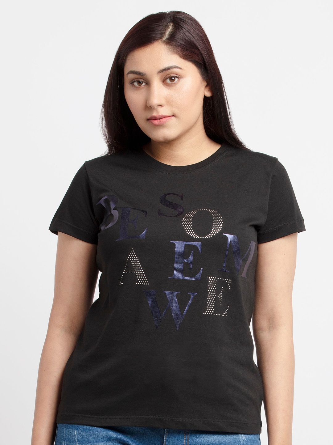 

Status Quo Women Black & Navy Blue Typography Printed Cotton T-shirt