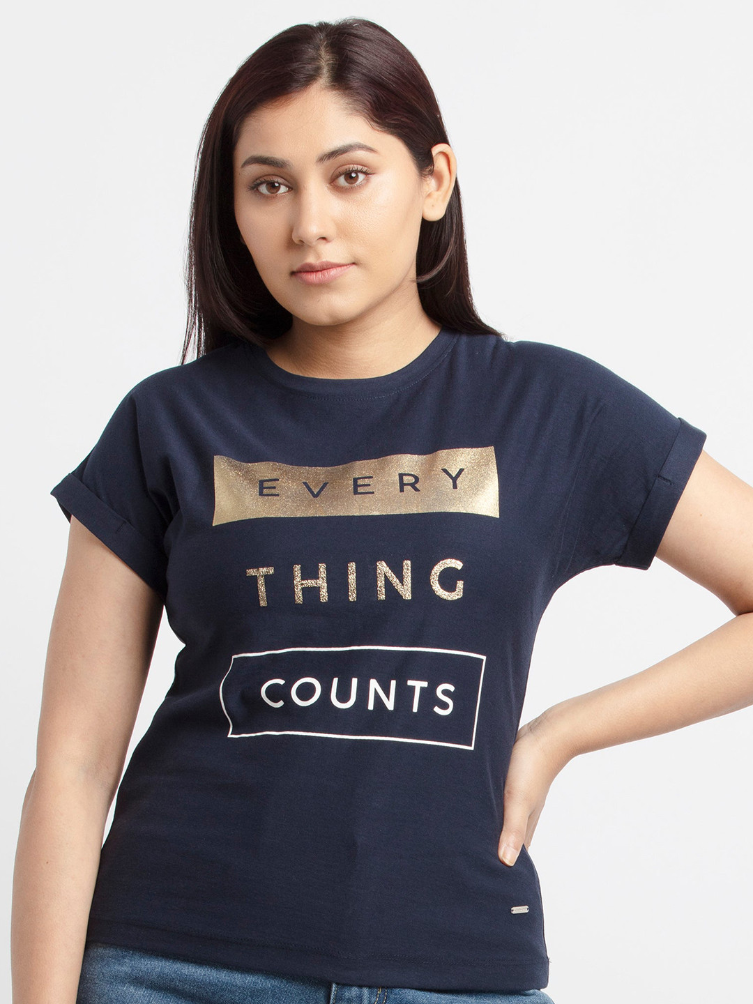 

Status Quo Women Navy Blue & Golden Typography Printed Cotton T-shirt