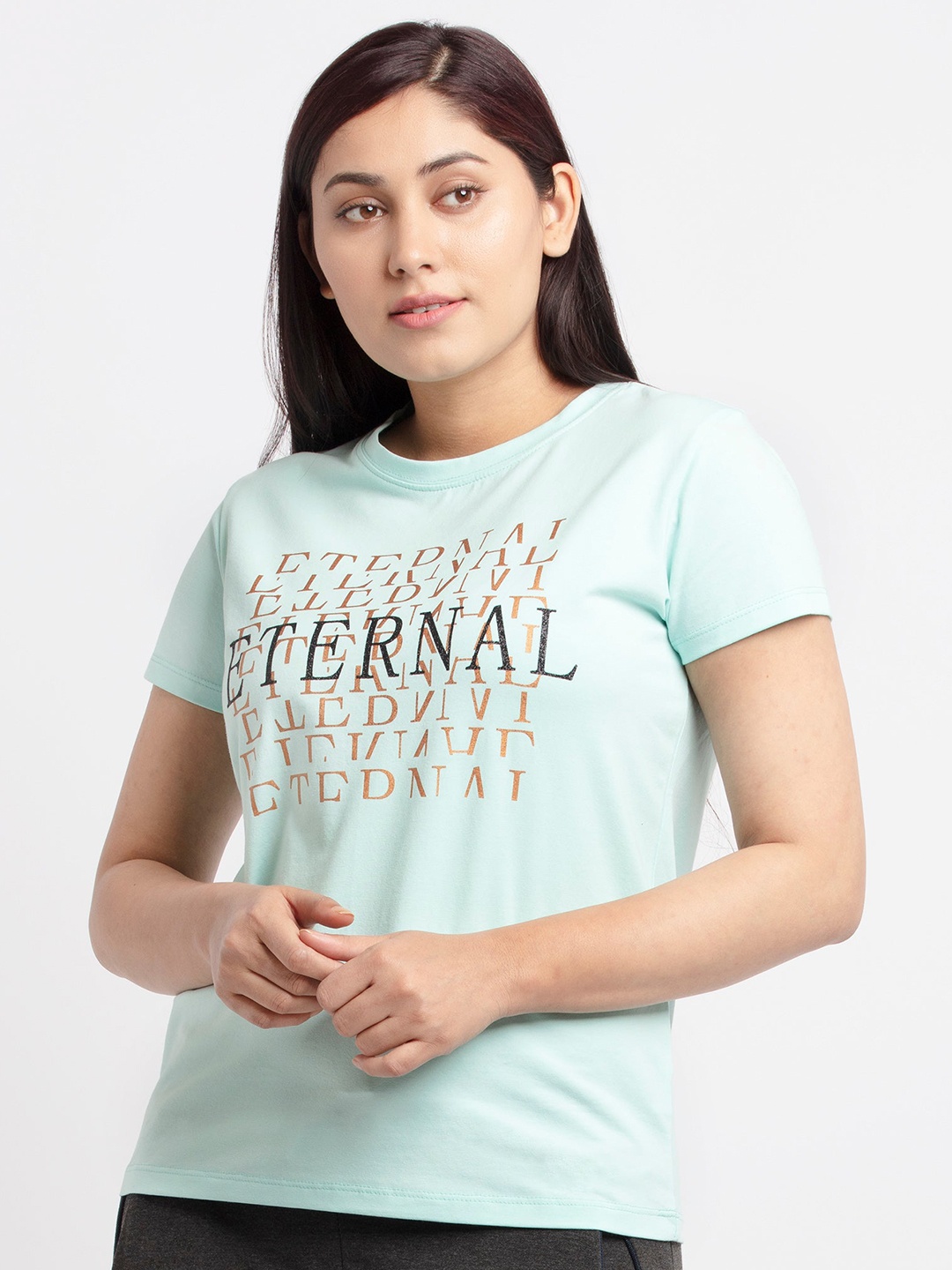 Status Quo Women Sea Green Typography Printed Cotton T-shirt