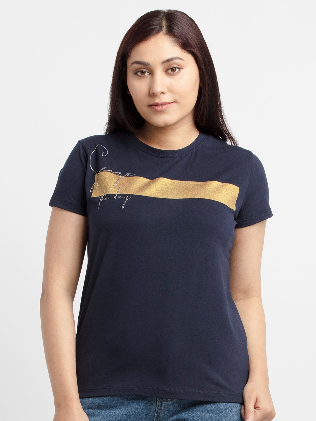 

Status Quo Women Navy Blue Striped Cotton T-shirt