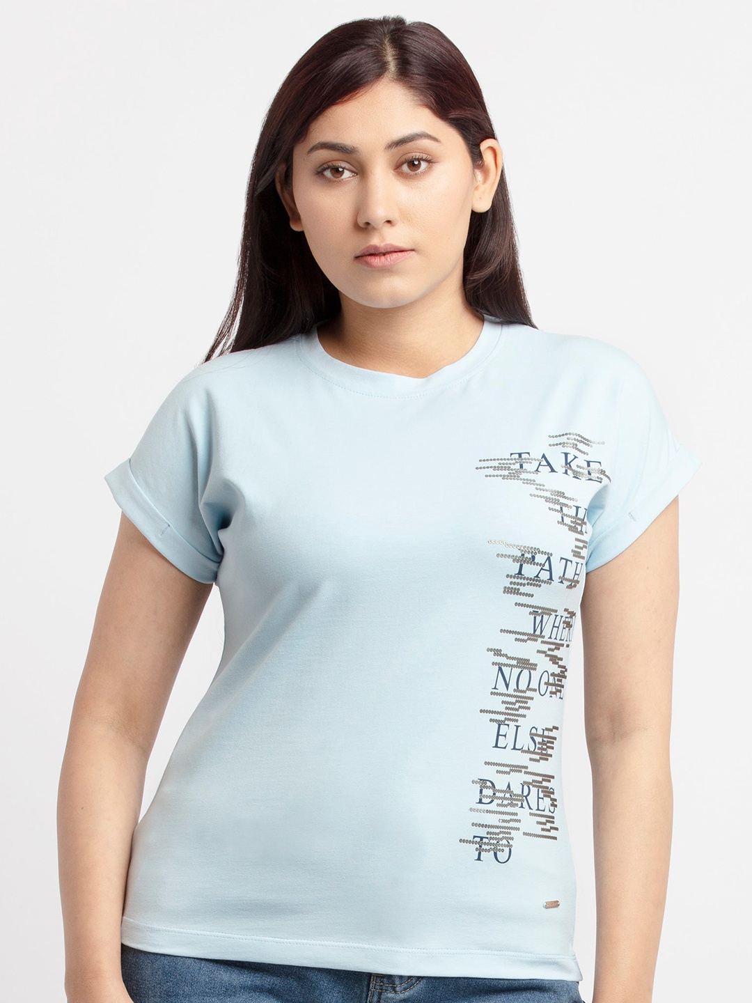 

Status Quo Women Blue Typography Printed Cotton T-shirt