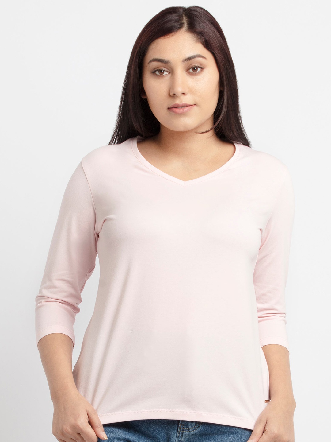 

Status Quo Women Pink V-Neck Cotton T-shirt
