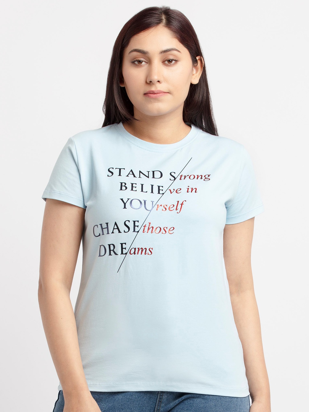 

Status Quo Women Blue & Black Typography Printed Cotton T-shirt