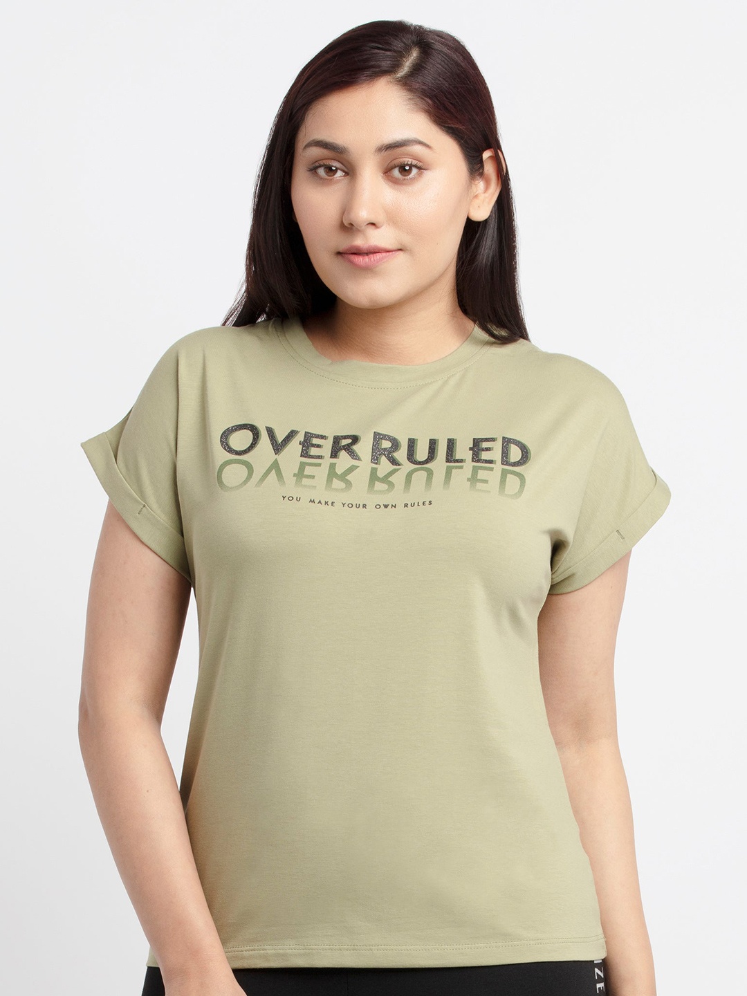

Status Quo Women Olive Green Typography Printed Extended Sleeves T-shirt