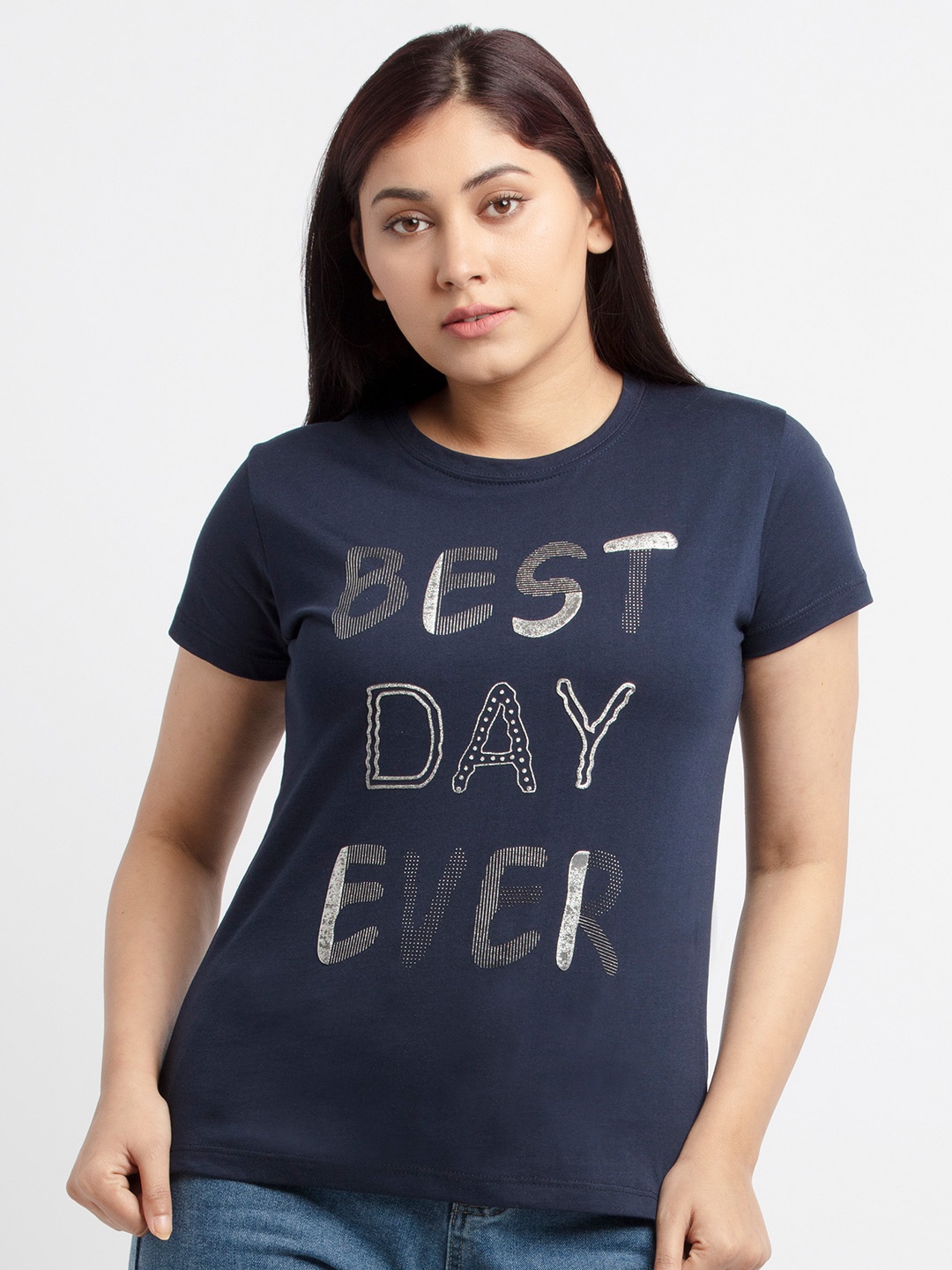 

Status Quo Women Navy Blue & White Typography Printed Cotton T-shirt