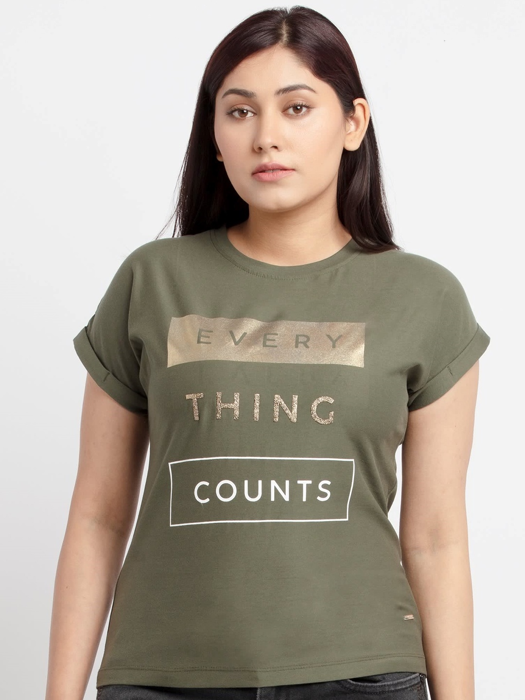 

Status Quo Women Olive Green Typography Printed Cotton T-shirt