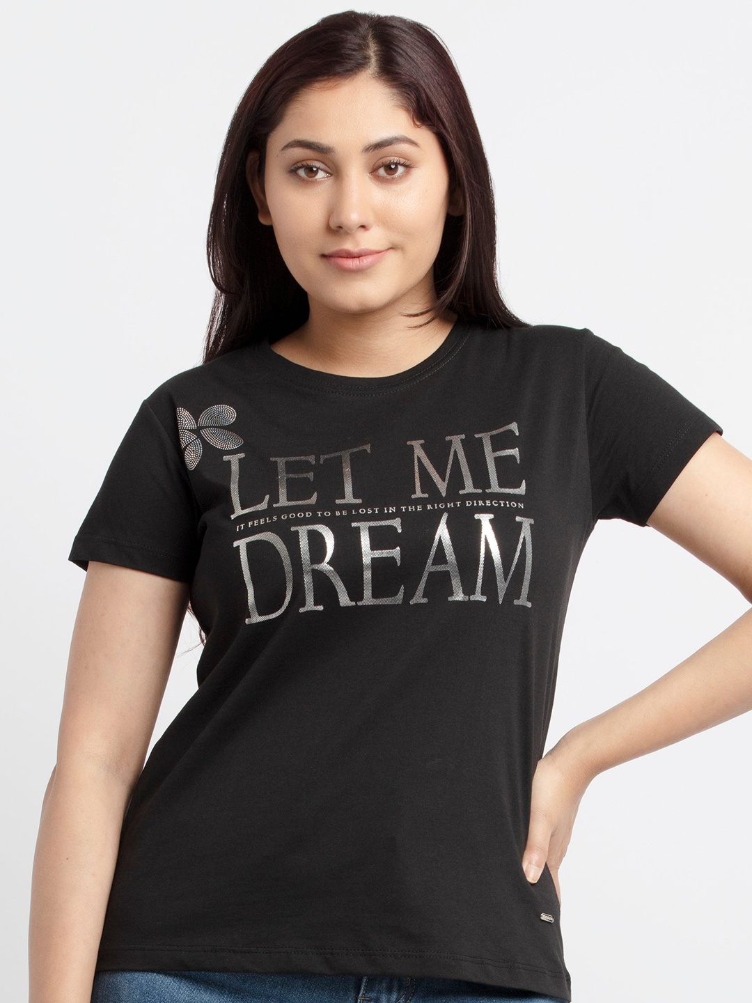 

Status Quo Women Black & Silver-Toned Typography Printed Cotton T-shirt