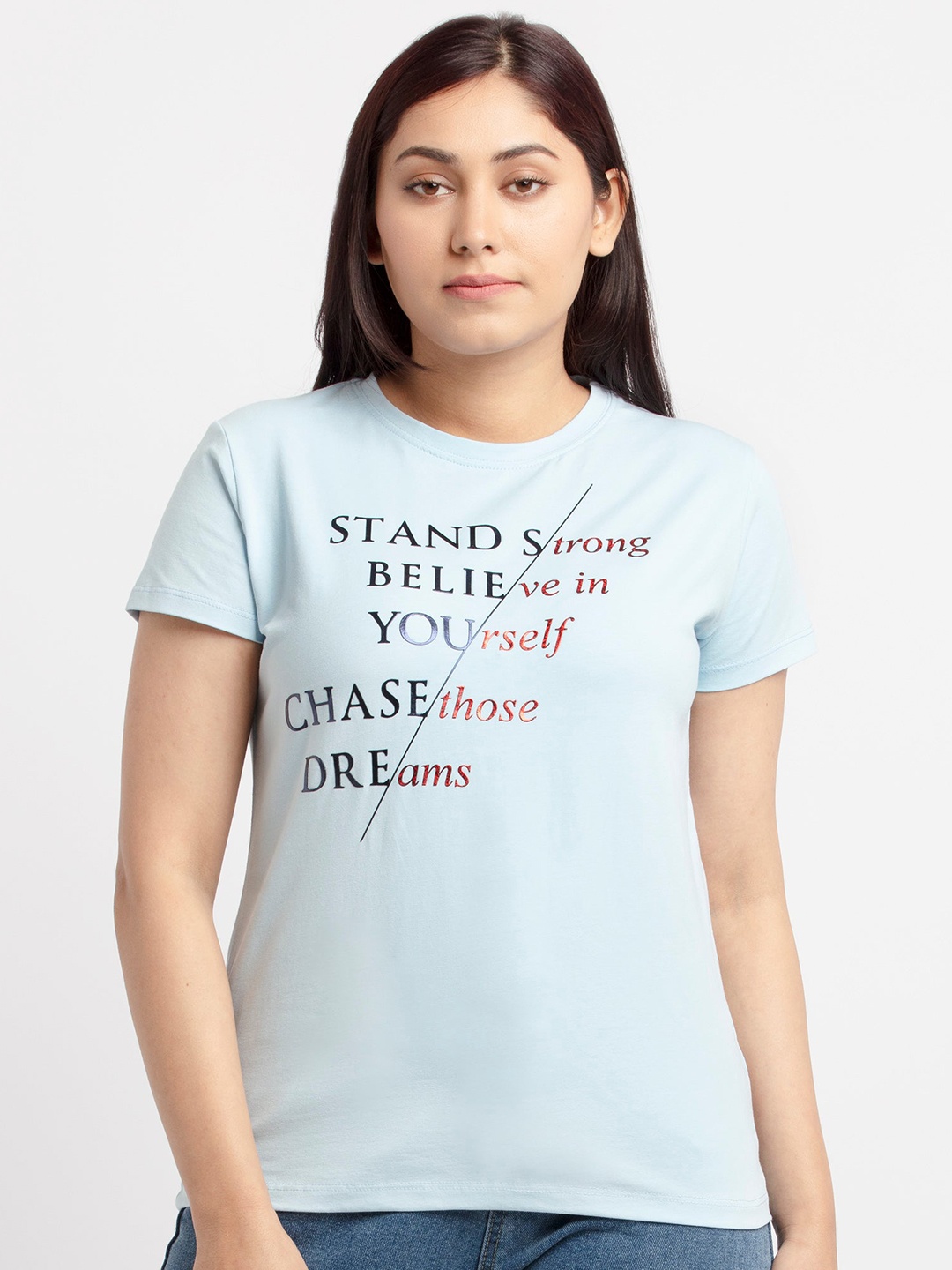 Status Quo Women Blue Typography Printed Cotton T-shirt