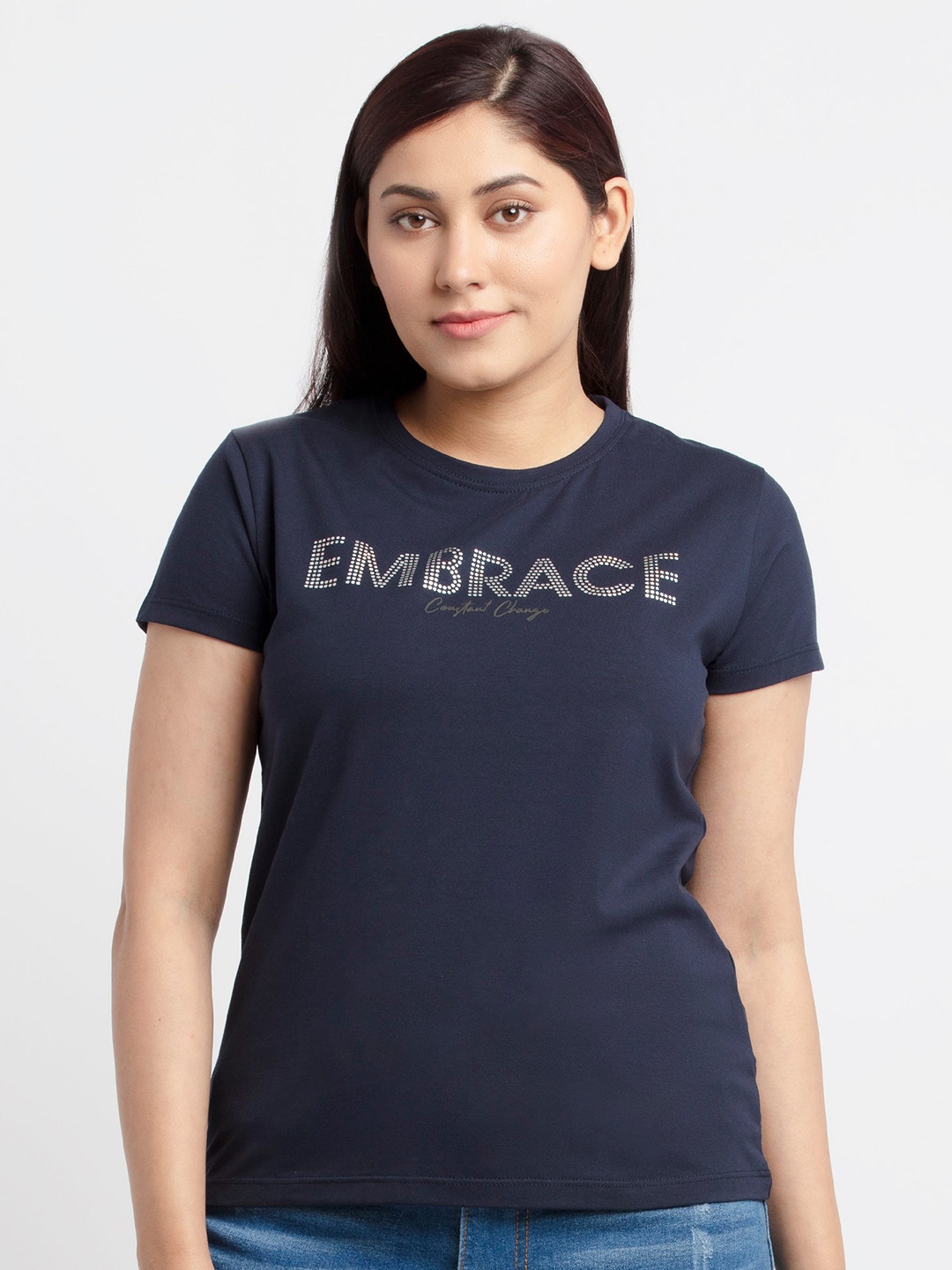 

Status Quo Women Navy Blue Typography Printed Cotton T-shirt