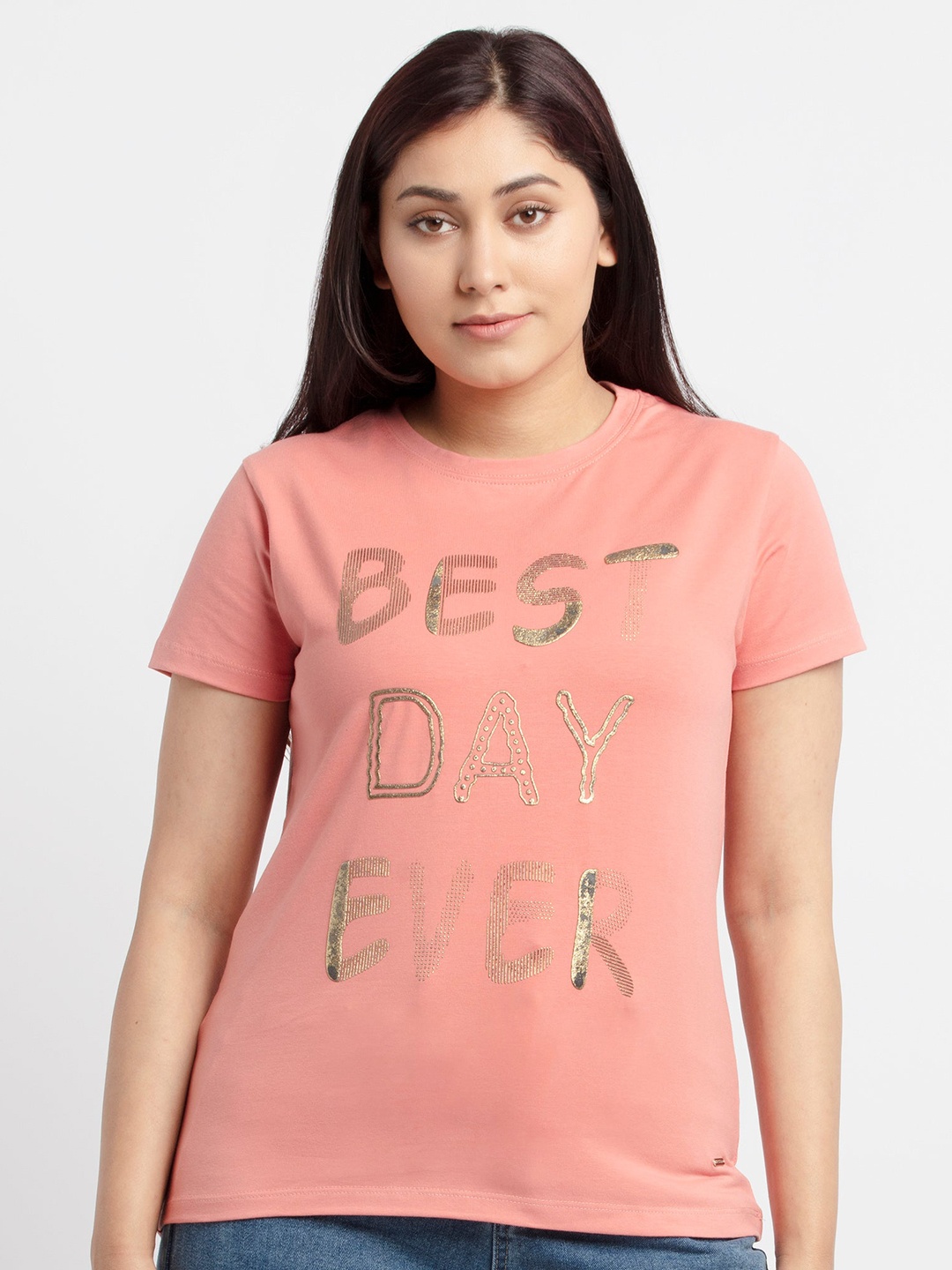 

Status Quo Women Peach Typography Printed T-shirt