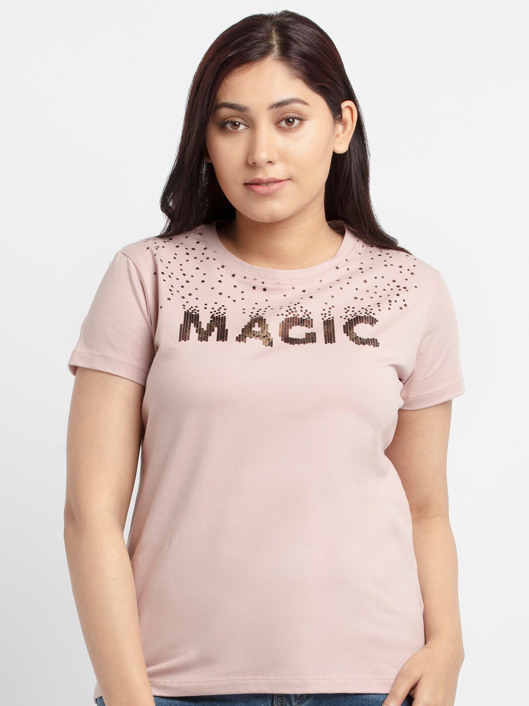 

Status Quo Women Rose & Golden Typography Printed Cotton T-shirt