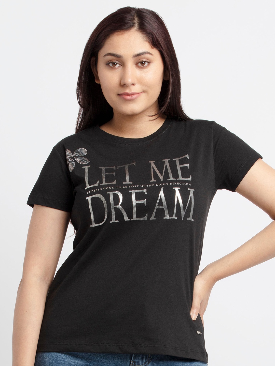 Status Quo Women Black Typography Printed Cotton T-shirt