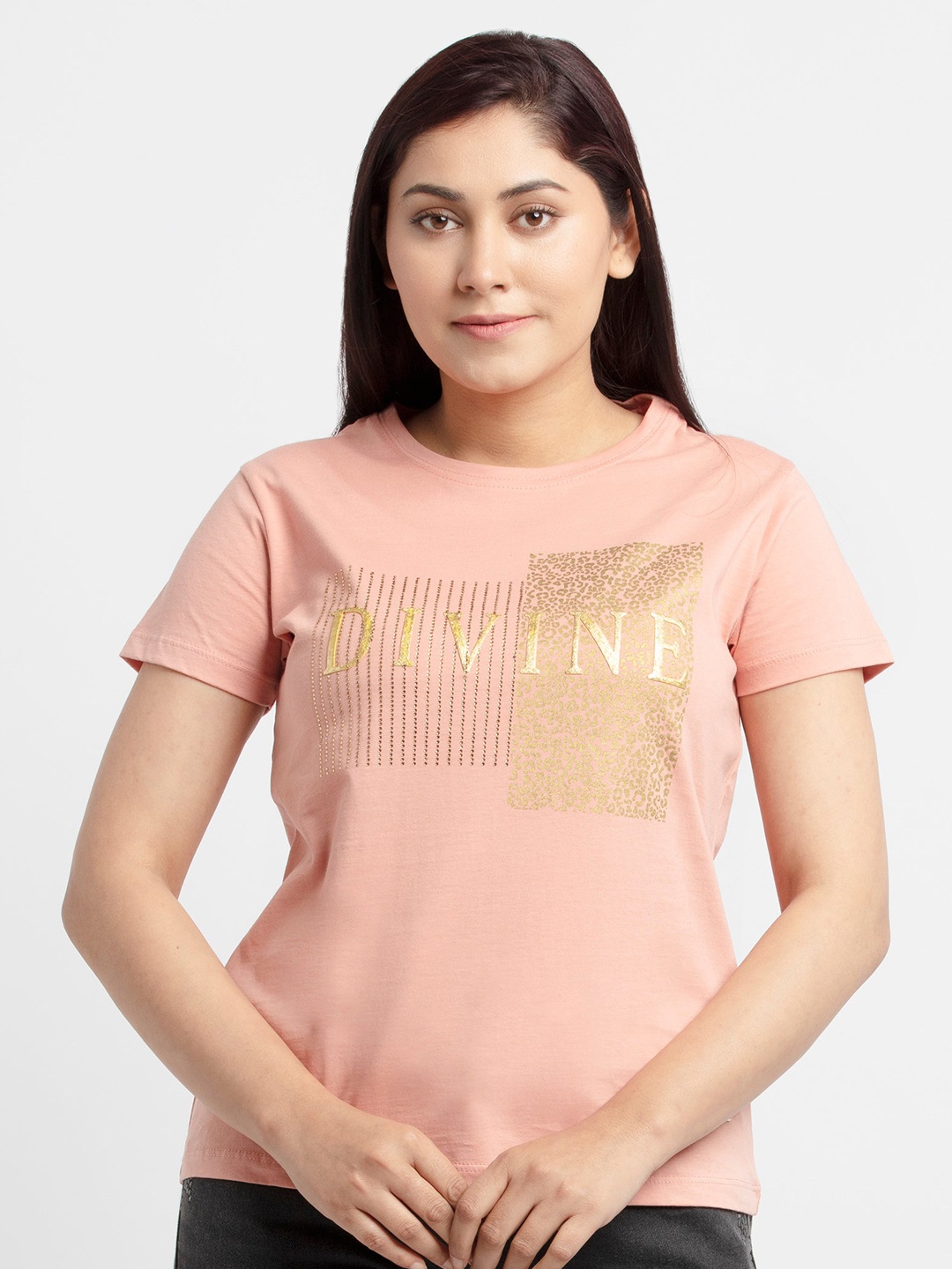 

Status Quo Women Peach-Coloured Typography Printed Cotton T-shirt