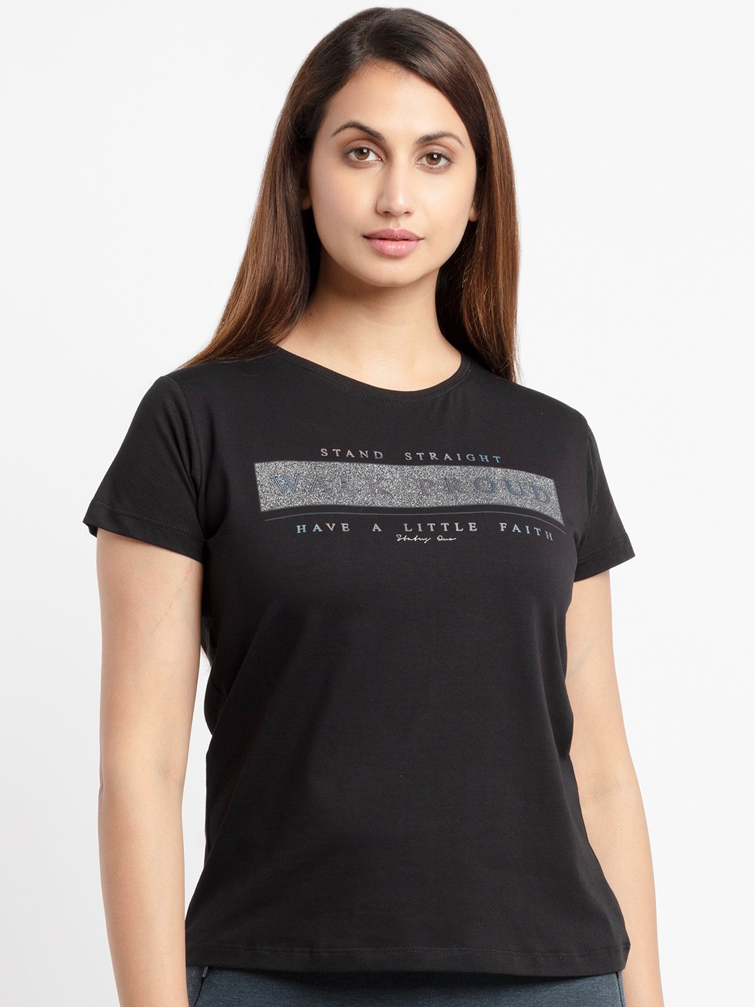 Status Quo Women Black & Grey Typography Printed Cotton T-shirt