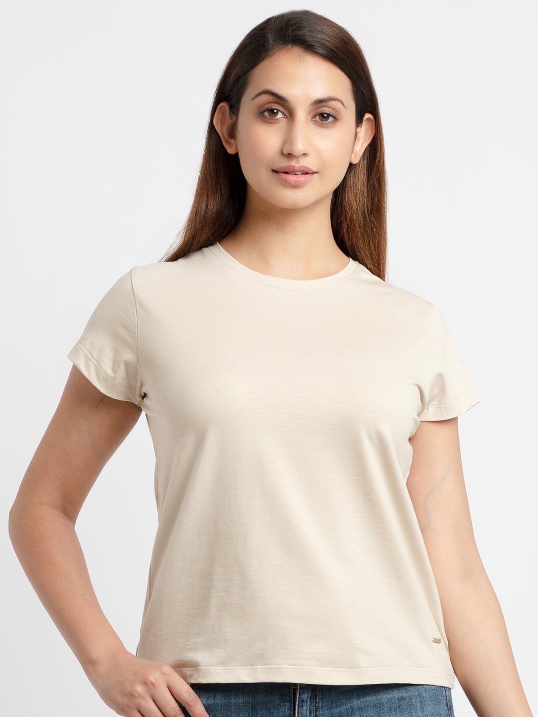 

Status Quo Women Beige Cotton T-shirt