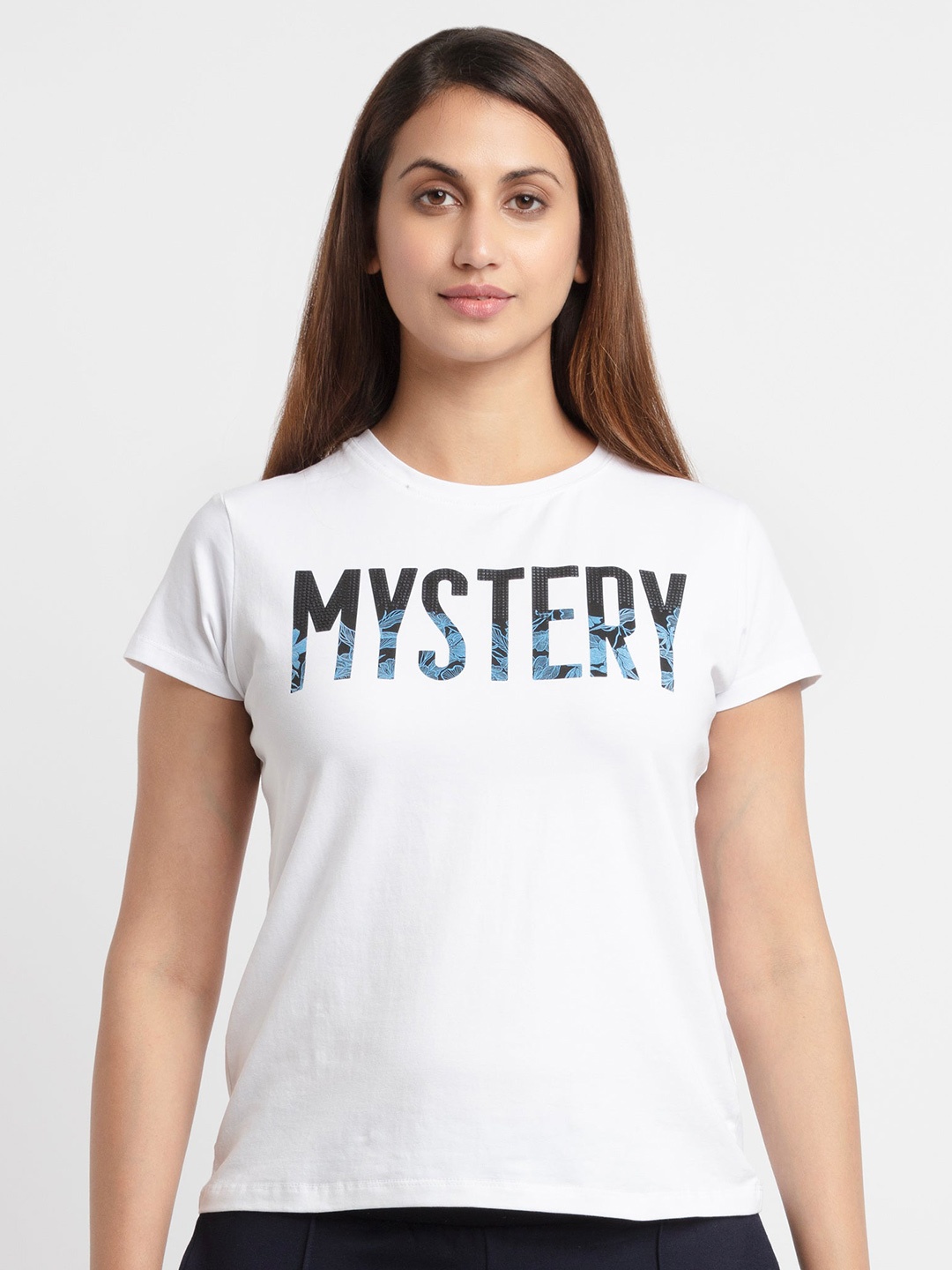 

Status Quo Women White & Blue Typography Printed Cotton T-shirt