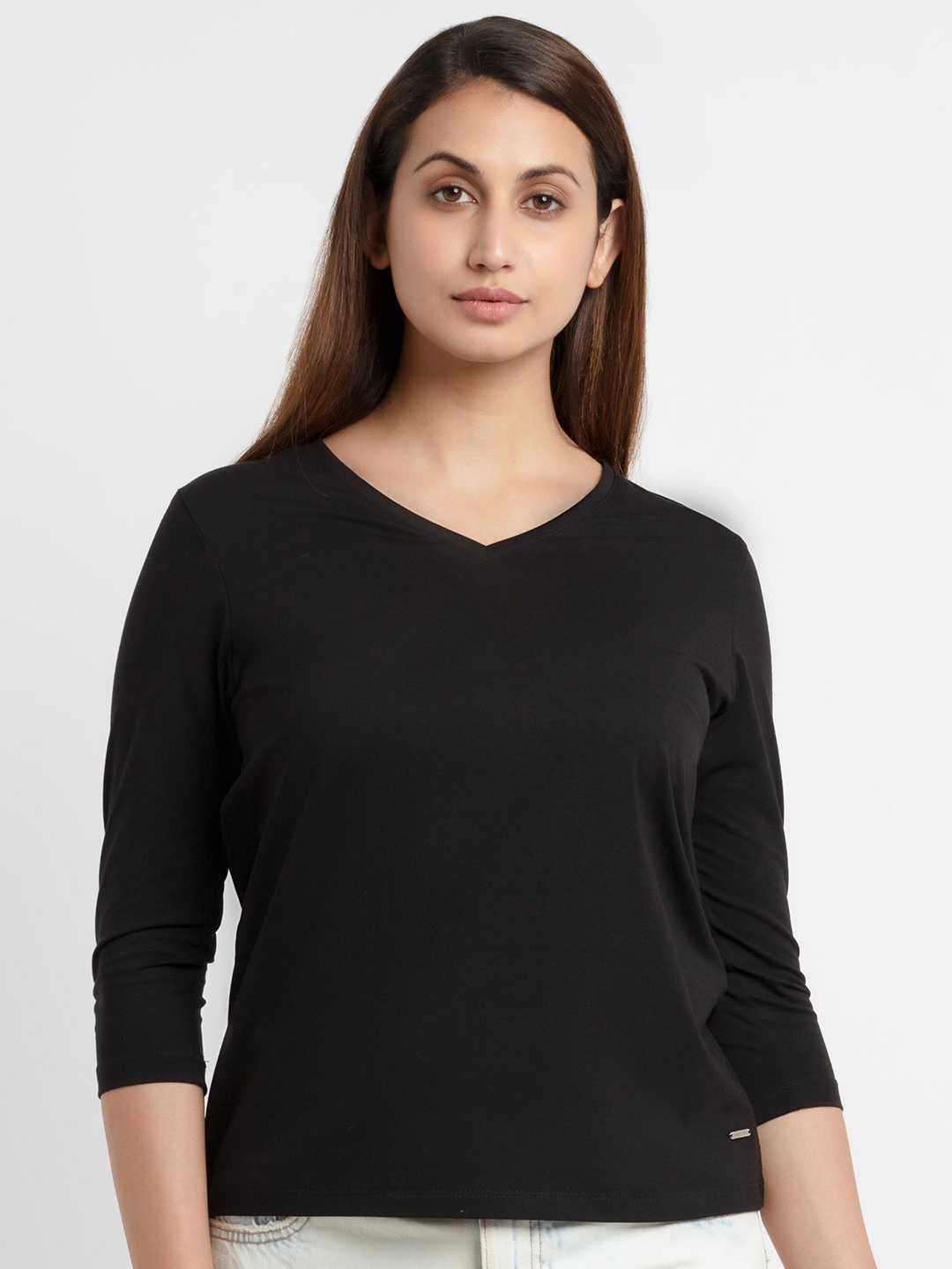 

Status Quo Women Black V-Neck Cotton T-shirt