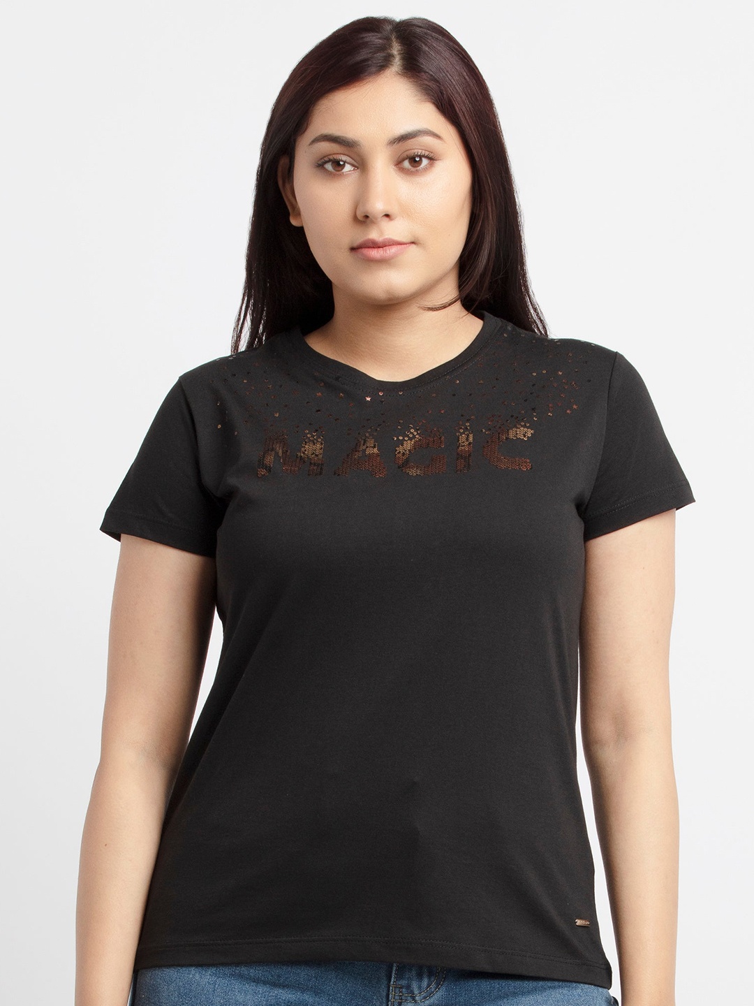 

Status Quo Women Black & Golden Typography T-shirt