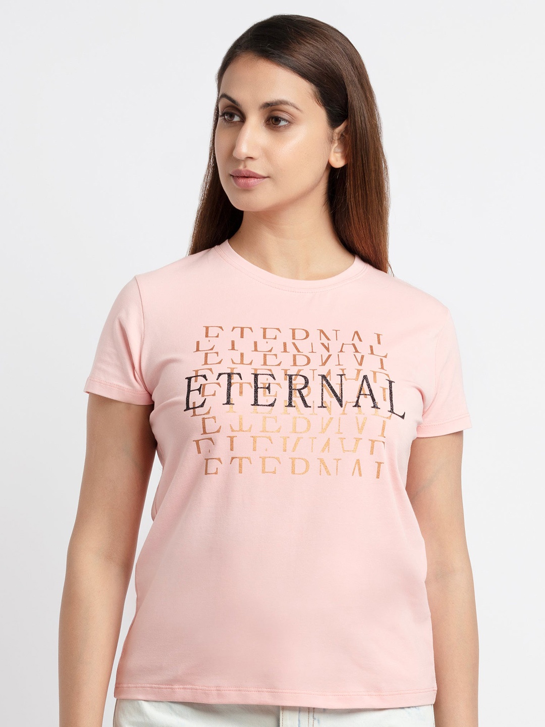 

Status Quo Women Pink Typography Printed Cotton T-shirt