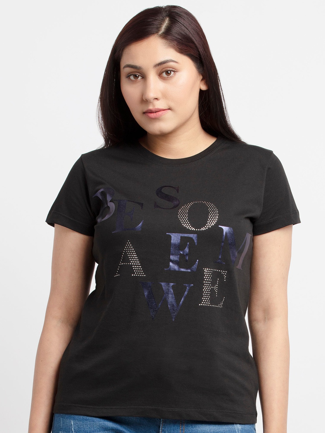 

Status Quo Women Black Printed Cotton T-shirt