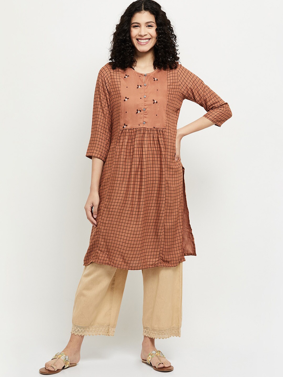 

max Women Brown & Black Printed Thread Work Kurta