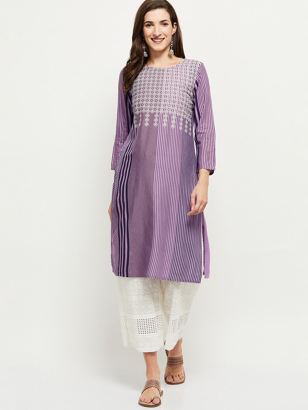 

max Women Purple Geometric Printed Keyhole Neck Kurta