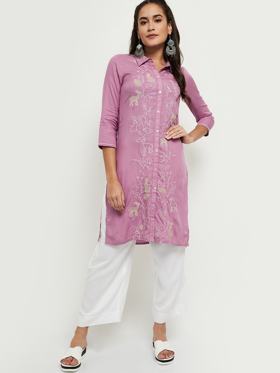 

max Women Pink & White Ethnic Motifs Embroidered Thread Work Kurta