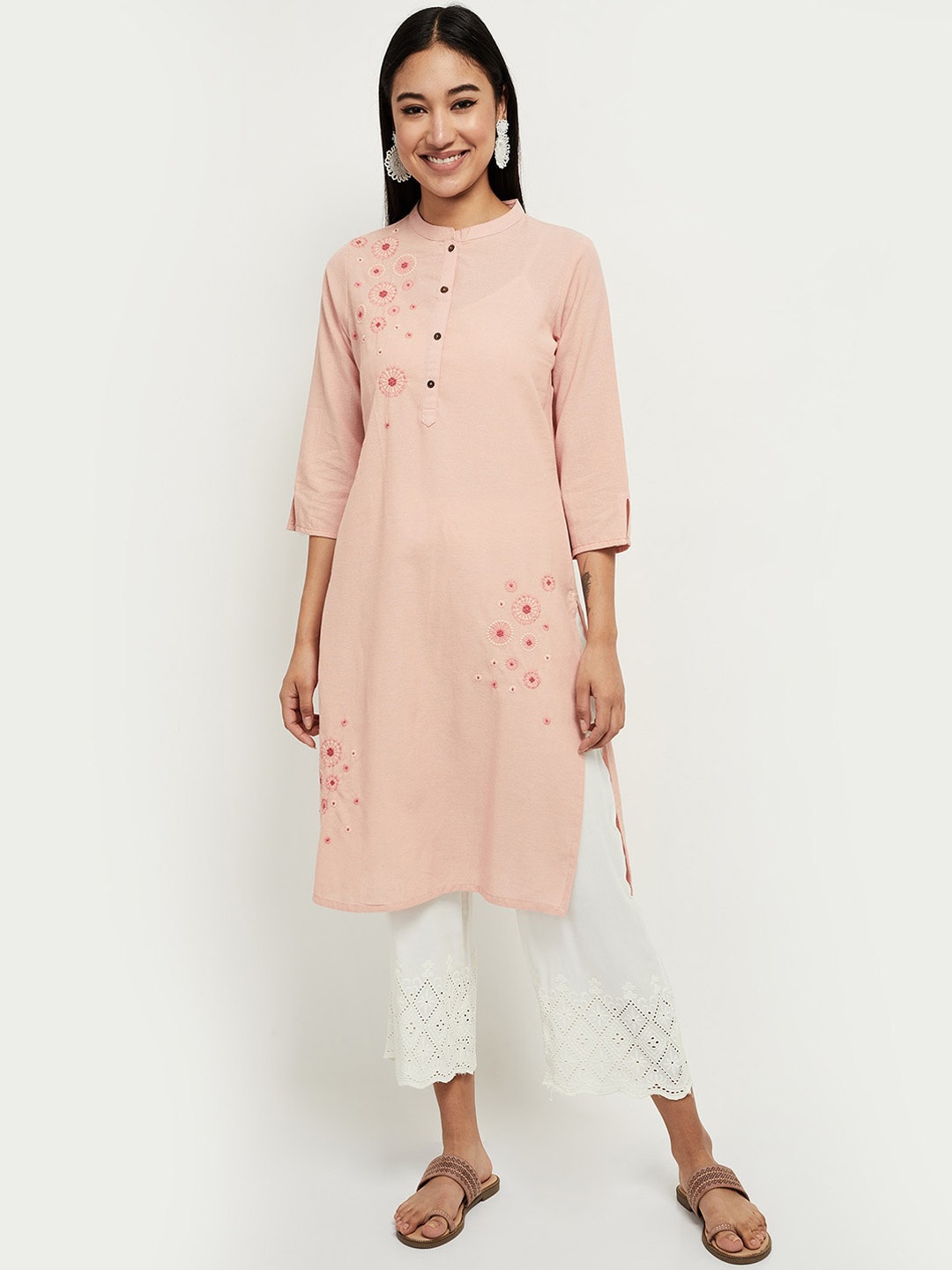

max Women Peach-Coloured Geometric Embroidered Thread Work Cotton Kurta