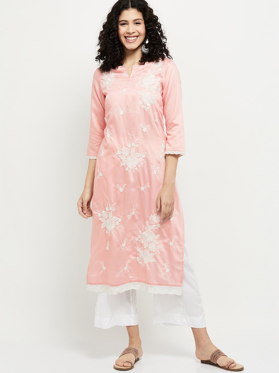 

max Women Pink Floral Embroidered Keyhole Neck Thread Work Kurta