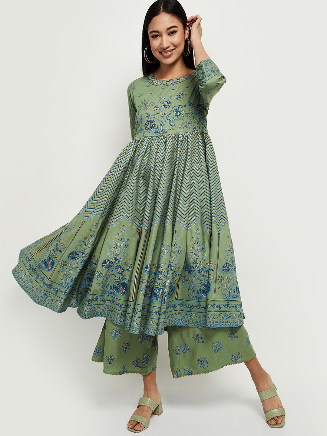 

max Women Green & Blue Ethnic Motifs Printed Thread Work Anarkali Kurta