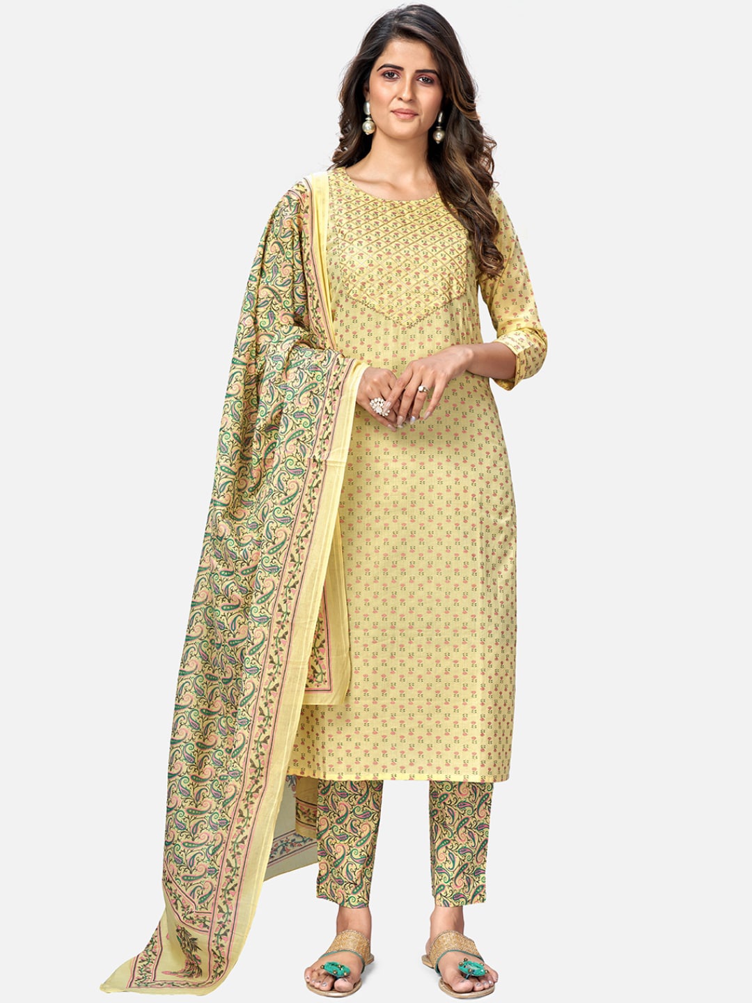 

Vbuyz Women Yellow Ethnic Motifs Printed Layered Gotta Patti Pure Cotton Kurta with Trousers & With Dupatta