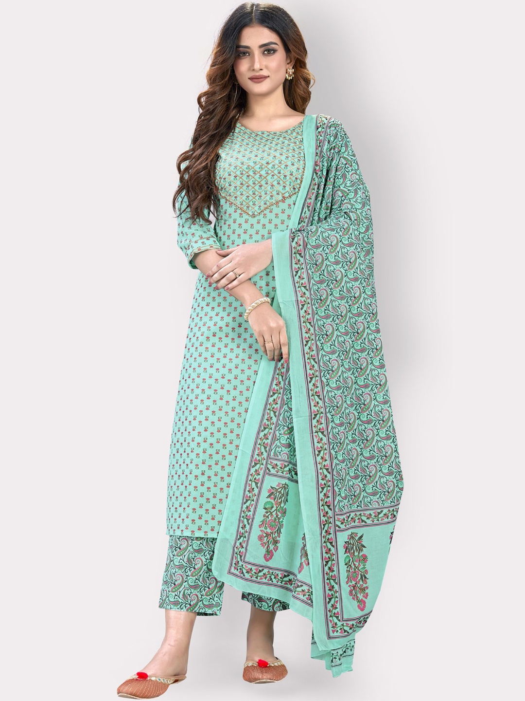 

Vbuyz Women Turquoise Blue Ethnic Motifs Printed Pure Cotton Kurti With Trousers & With Dupatta