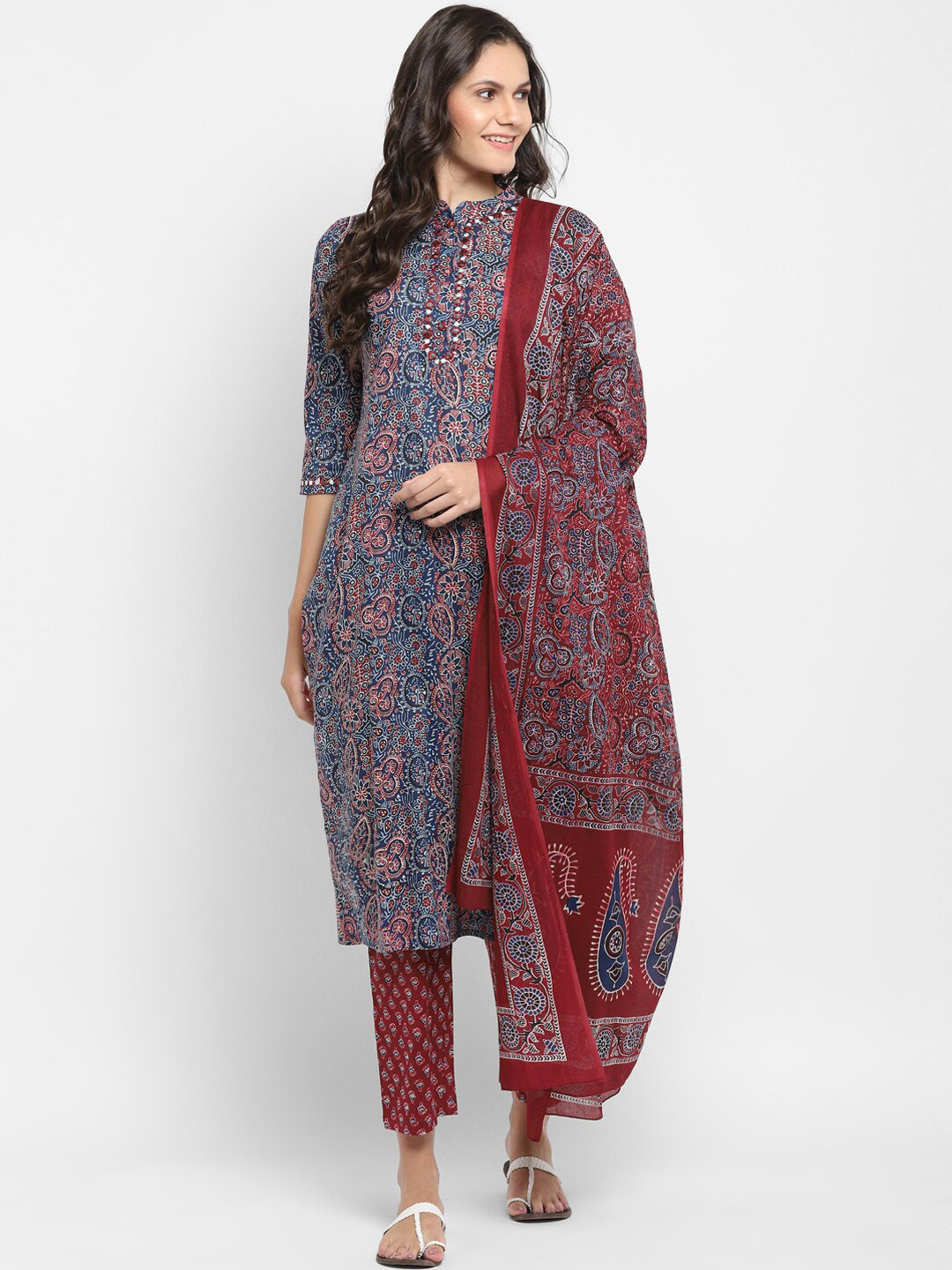 

KALINI Women Blue Ethnic Motifs Printed Pleated Pure Cotton Kurti with Trousers & With Dupatta