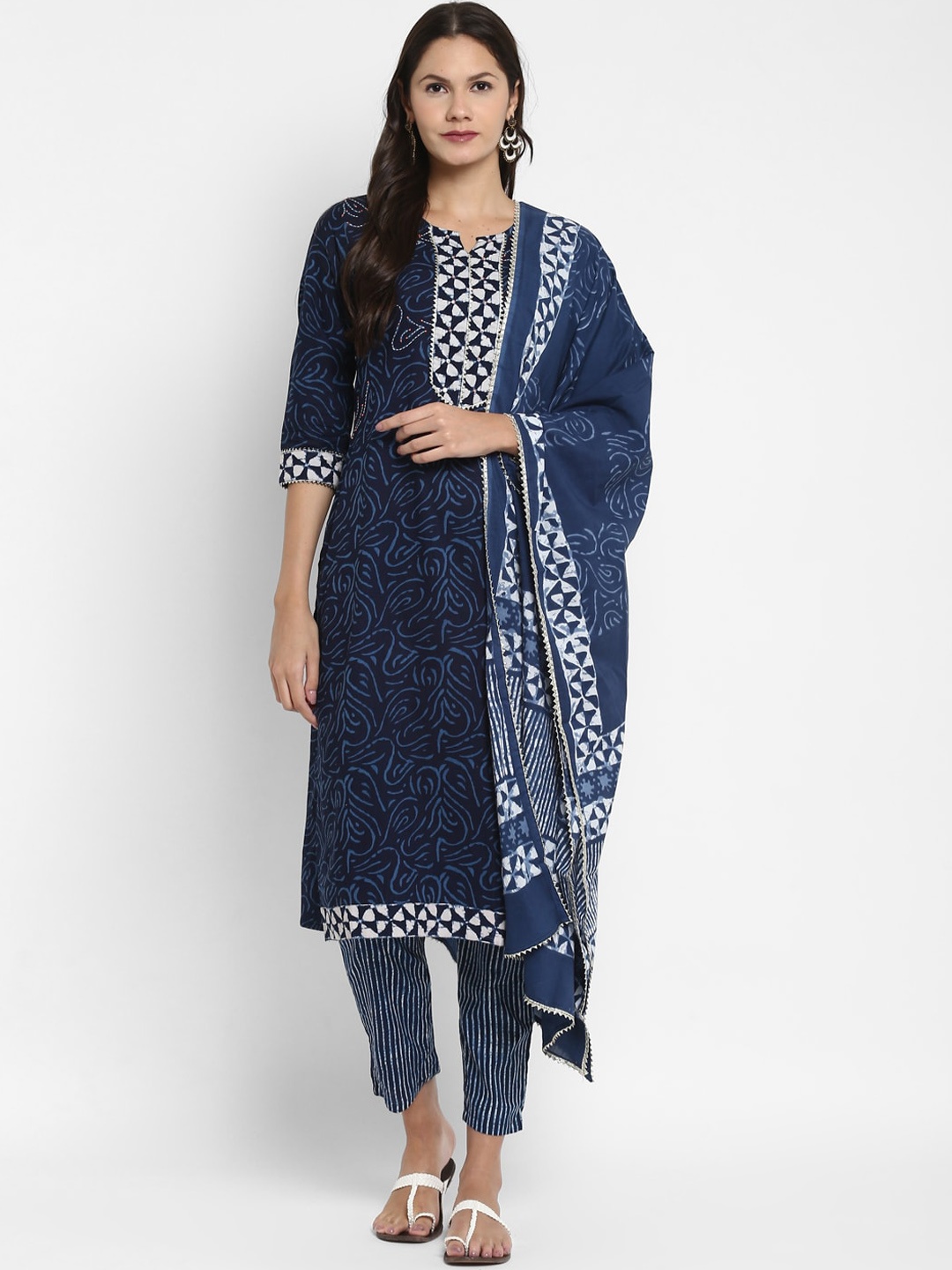 

KALINI Women Blue Printed Gotta Patti Pure Cotton Kurti with Trousers & With Dupatta