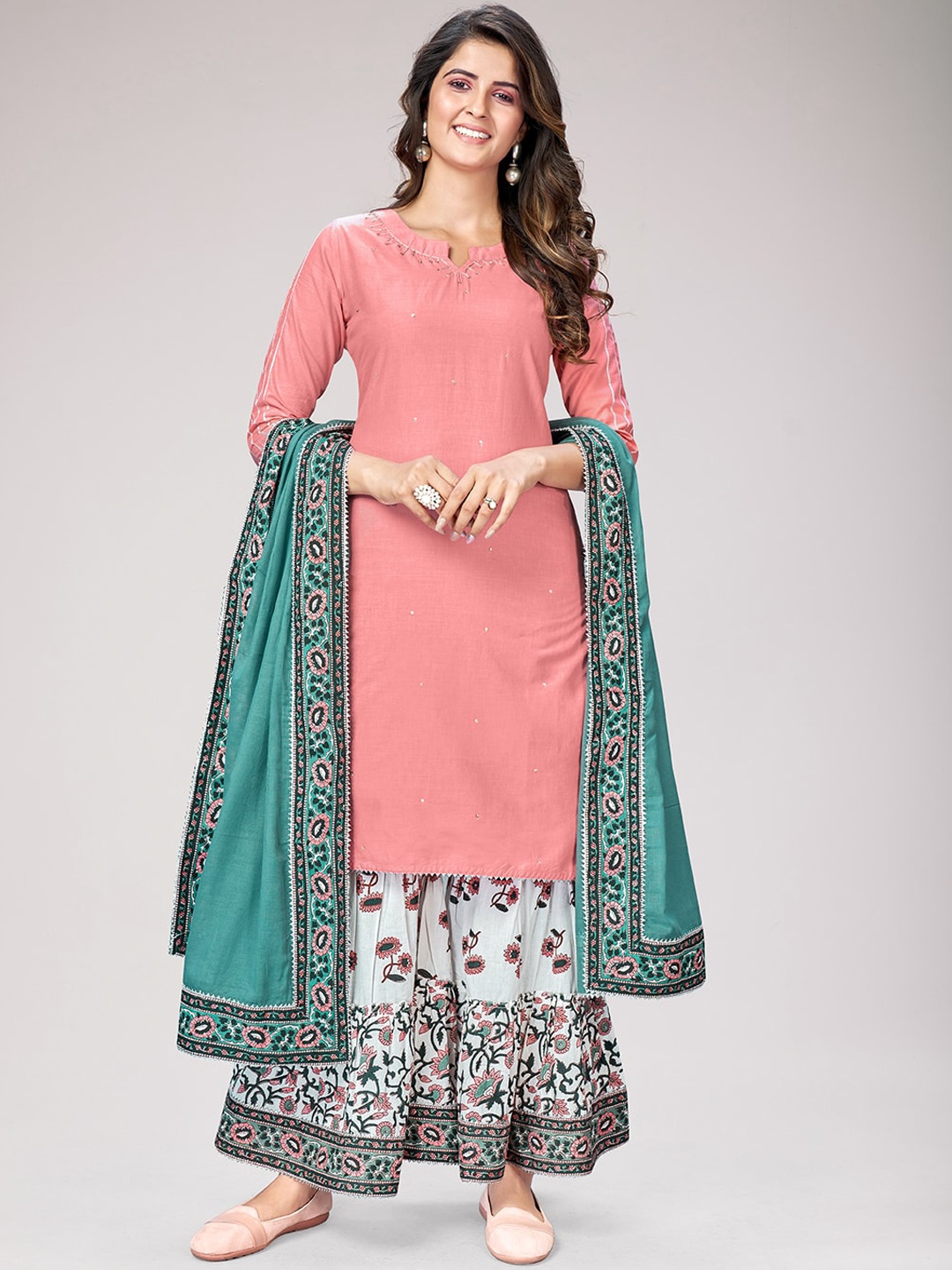 

Vbuyz Women Pink Ethnic Motifs Layered Sequinned Pure Cotton Kurta with Skirt & With Dupatta