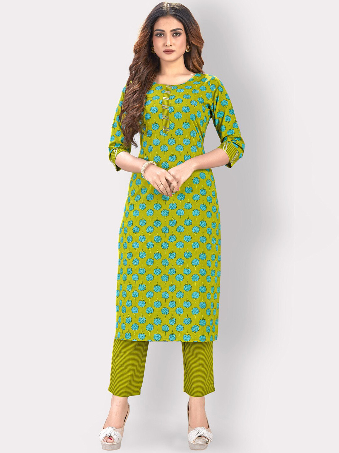 

KALINI Women Green Printed Panelled Pure Cotton Kurti with Trousers & With Dupatta