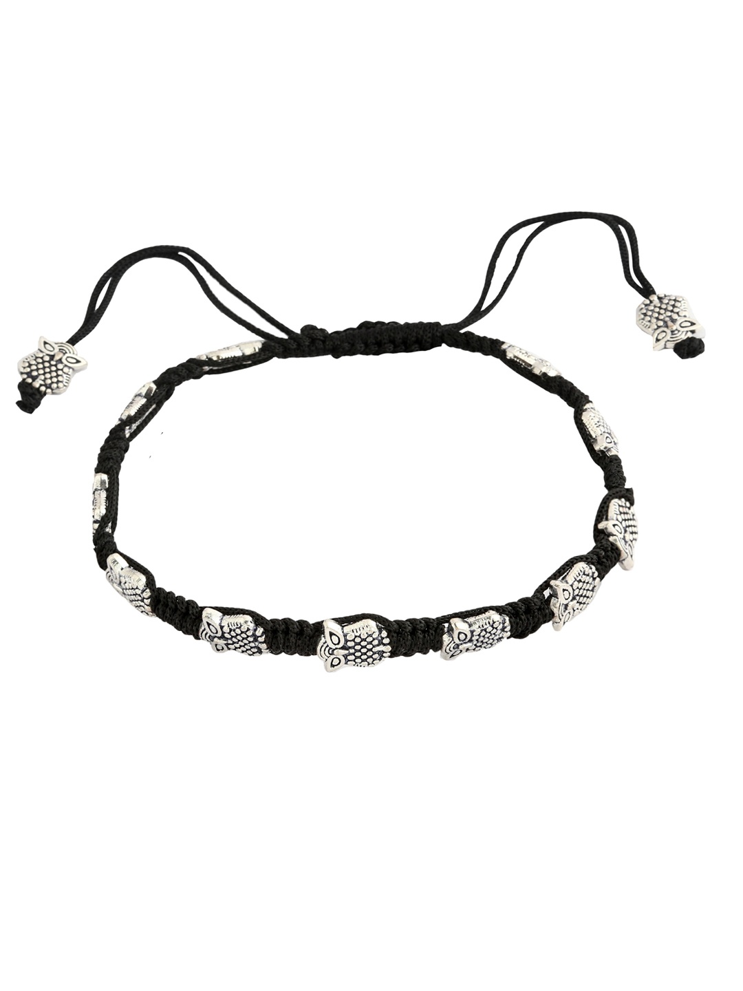 

EL REGALO Silver-Toned & Black Beaded Adjustable Anklet