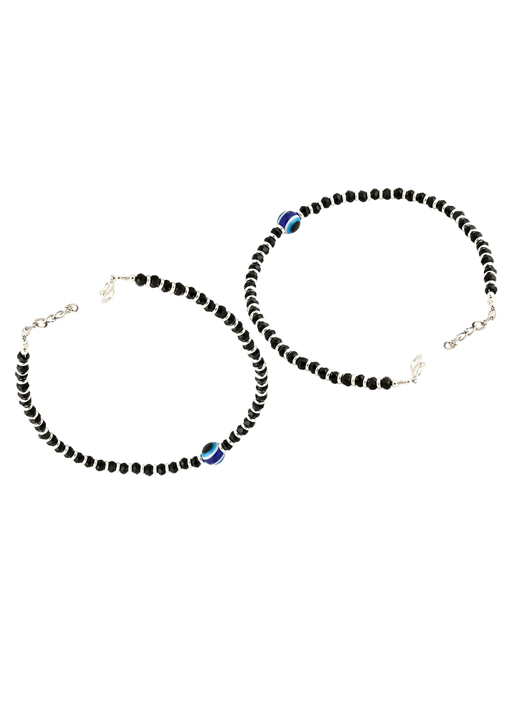 

EL REGALO Set of 2 Silver-Toned & Black Beaded Anklets