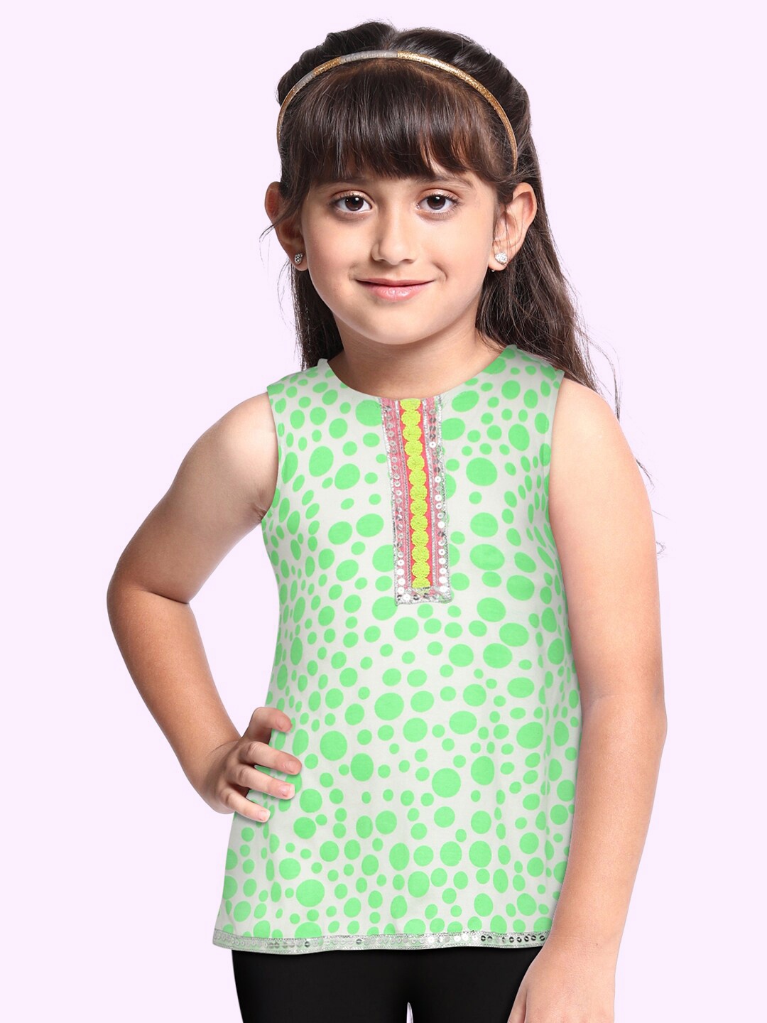 

Twisha Lime Green & White Polka Dot Print Sequined A-Line Dress