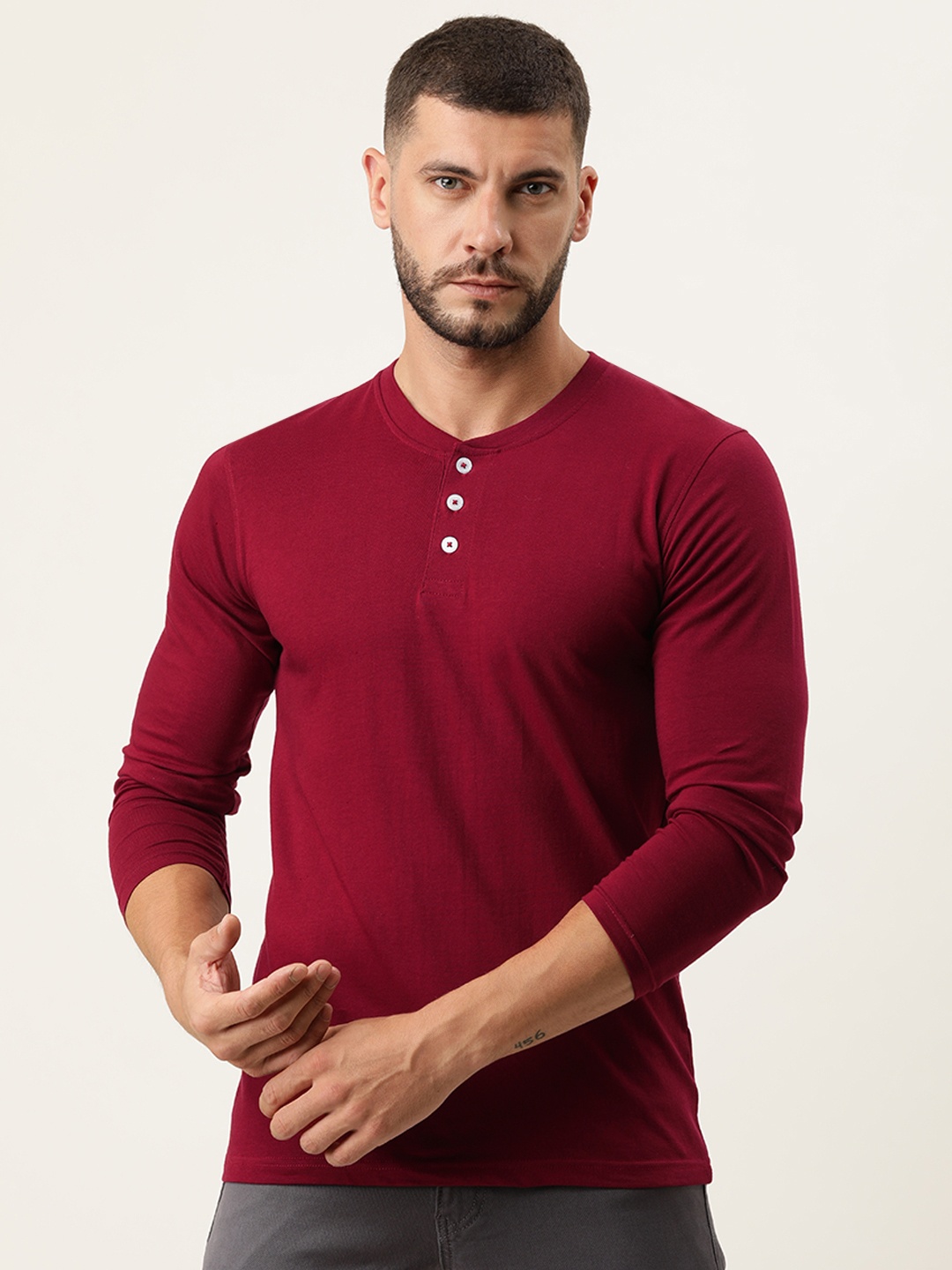 

ARISE Men Maroon Henley Neck Bio Finish Cotton T-shirt