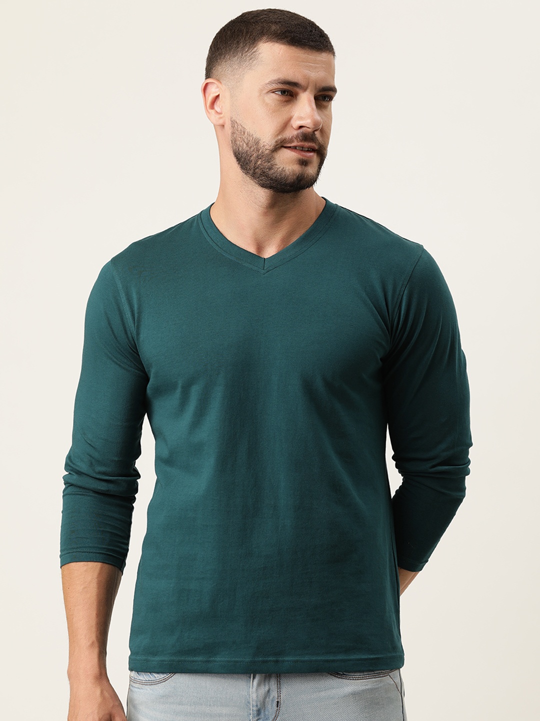 

ARISE Men Teal Green V-Neck Bio Finish Cotton T-shirt