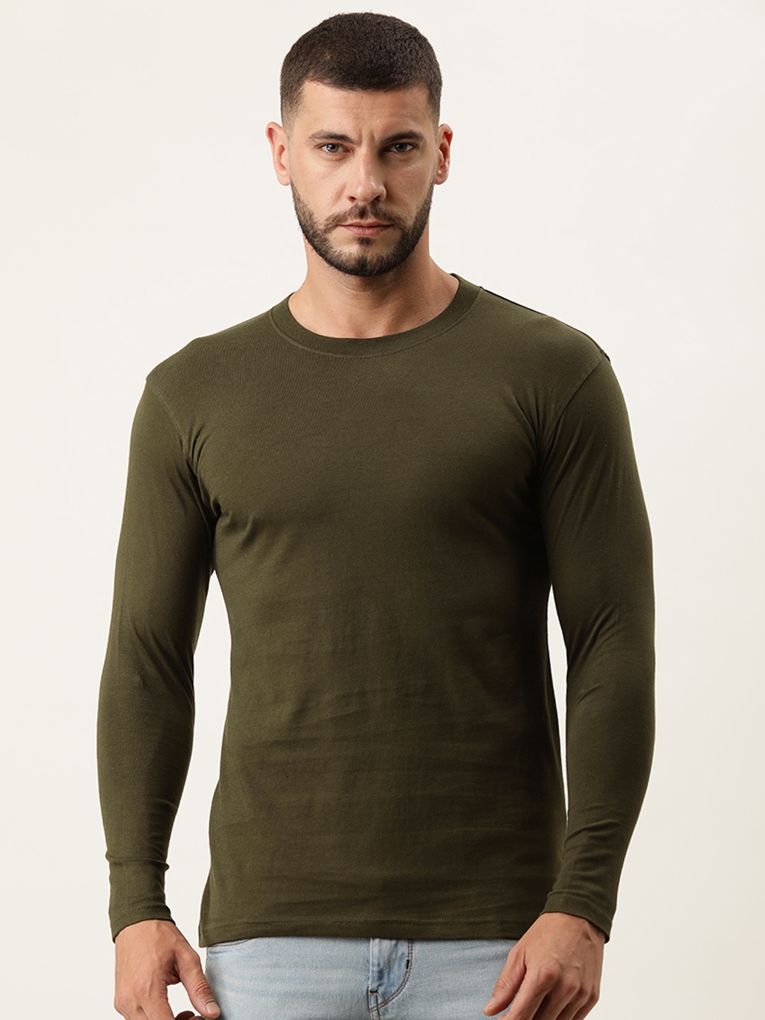 

ARISE Men Olive Green Solid Pure Cotton T-shirt